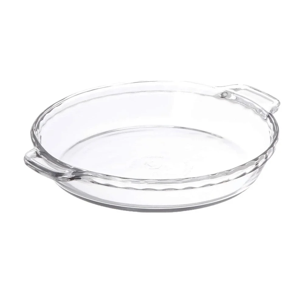 Anchor Hocking 9.5 Inch Clear Glass Pie Dish with Handles Scalloped Edge USA